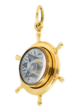 1960 His Lordship Prod's Co. 14 Karat Yellow Gold Rock Crystal Quartz  Nautical Wheel Compass Vintage Charm Wilson's Estate Jewelry