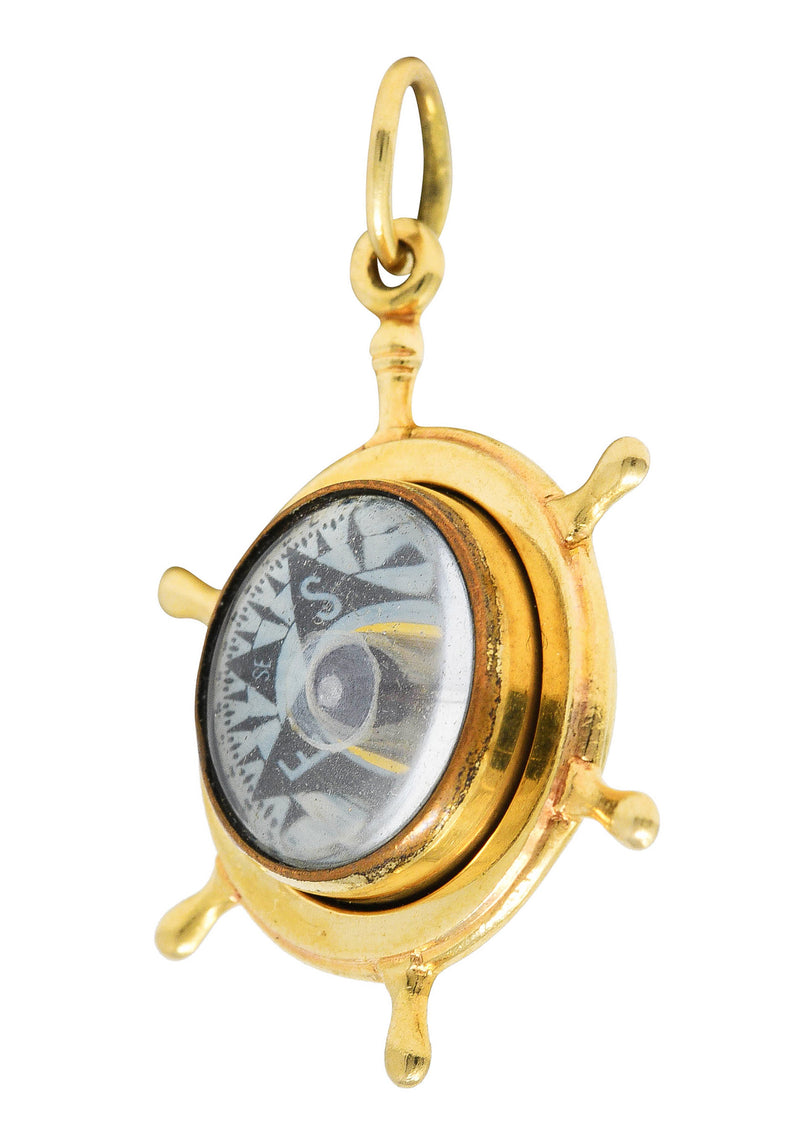1960 His Lordship Prod's Co. 14 Karat Yellow Gold Rock Crystal Quartz  Nautical Wheel Compass Vintage Charm Wilson's Estate Jewelry