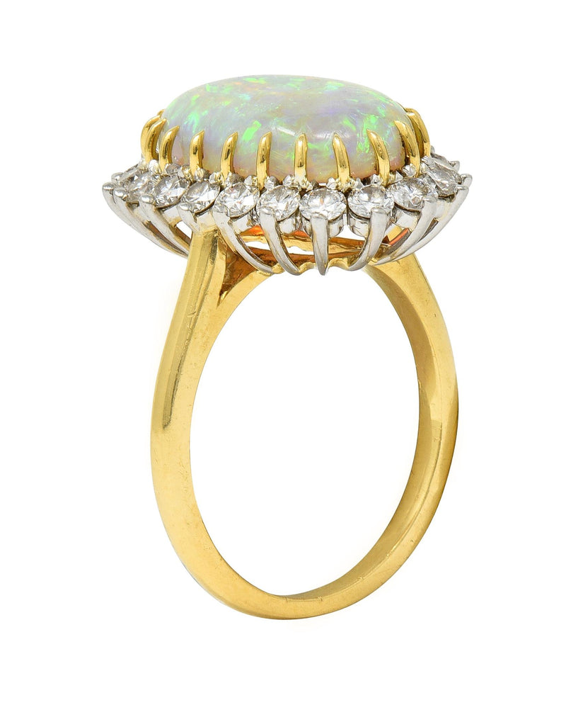 Mid-Century Vintage Opal Diamond Platinum 18 Karat Yellow Gold Halo Ring
