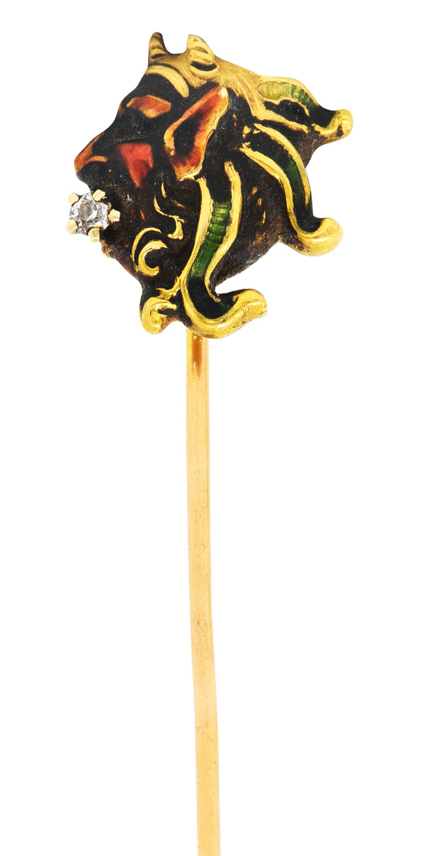 Art Nouveau Diamond Enamel 14 Karat Yellow Gold Pan StickpinStick Pin - Wilson's Estate Jewelry