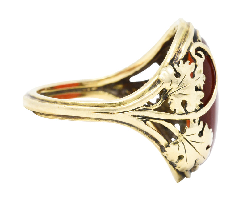 Arts & Crafts Carnelian Cabochon 18 Karat Gold Foliate RingRing - Wilson's Estate Jewelry
