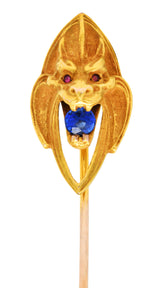 Art Nouveau Ruby Sapphire 14 Karat Gold Lion StickpinStick Pin - Wilson's Estate Jewelry