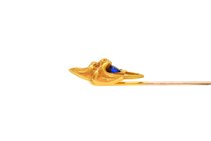 Art Nouveau Ruby Sapphire 14 Karat Gold Lion StickpinStick Pin - Wilson's Estate Jewelry