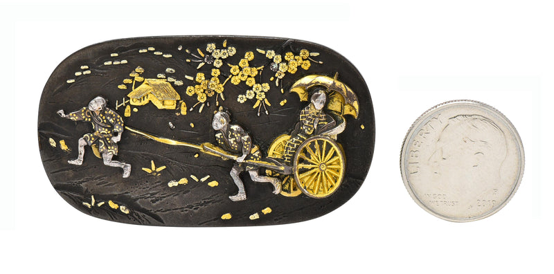 Victorian Japanese 18 Karat Yellow Gold Silver Shakudo Antique Brooch