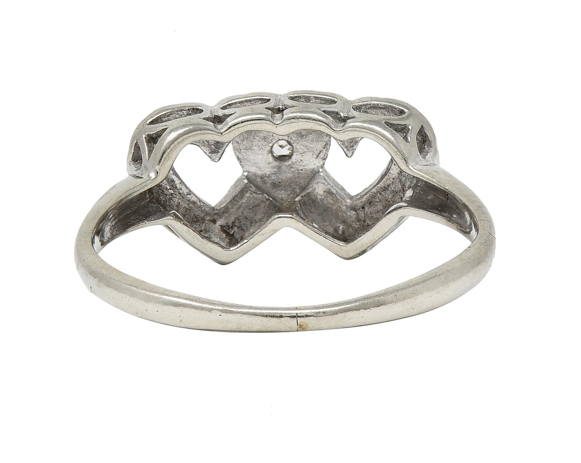 Early Art Deco 14 Karat White Gold Double Heart Floral Antique Ring