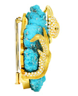 1970's Henry Dunay Turquoise 2.00 CTW Diamond & Fancy Yellow Diamond 18 Karat Yellow Gold Fish Brooch Wilson's Estate Jewelry