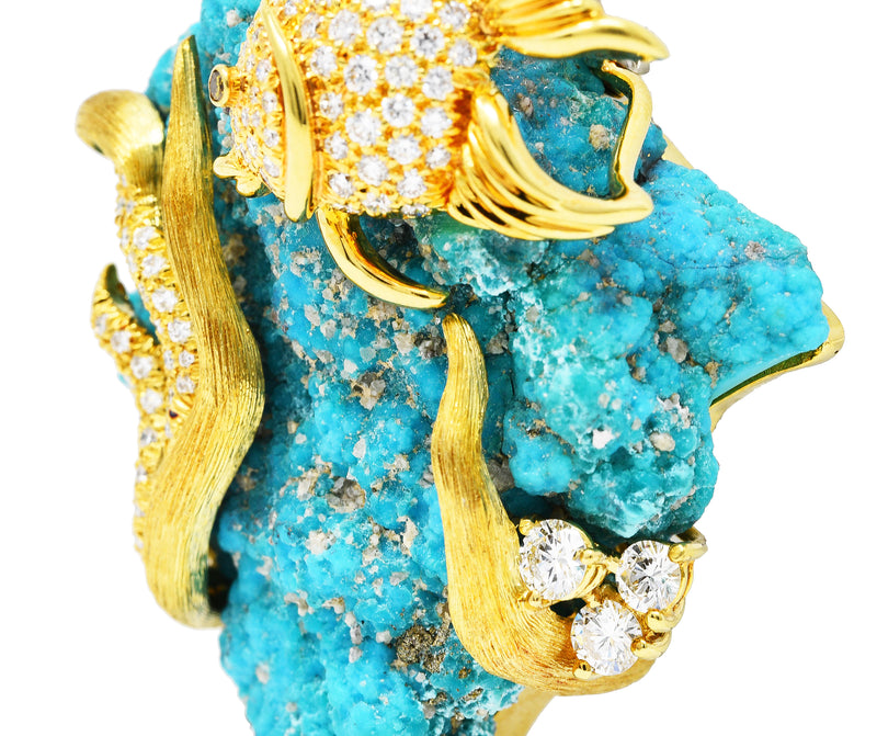 1970's Henry Dunay Turquoise 2.00 CTW Diamond & Fancy Yellow Diamond 18 Karat Yellow Gold Fish Brooch Wilson's Estate Jewelry