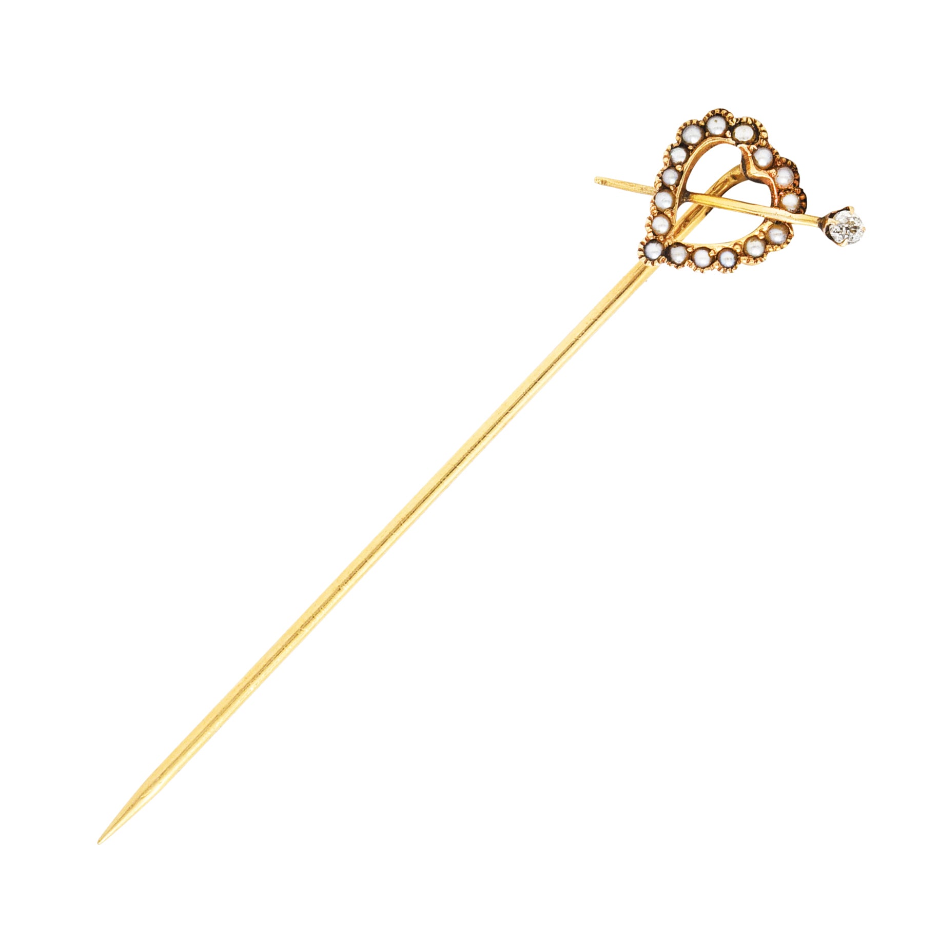 Victorian Seed Pearl Diamond 14 Karat Yellow Gold Heart StickpinStick Pin - Wilson's Estate Jewelry