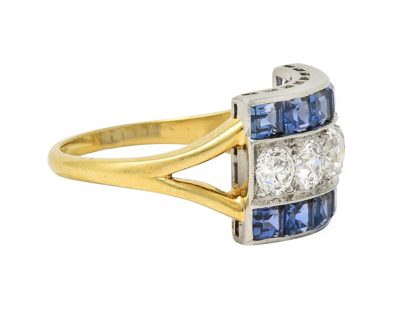 Art Deco 2.80 CTW Diamond Sapphire Platinum 18 Karat Gold Vintage Band Ring