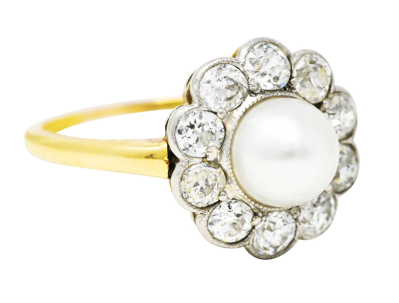 Edwardian Diamond Pearl Platinum 14 Karat Yellow Gold Cluster Antique Ring Wilson's Estate Jewelry