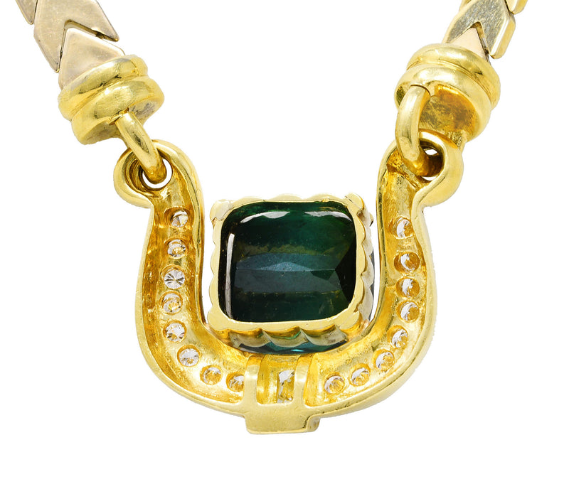 1980's Vintage Italian 11.00 CTW Green Tourmaline Diamond Gemstone 18 Karat Yellow Gold Enhancer Pendant Necklace Wilson's Estate Jewelry