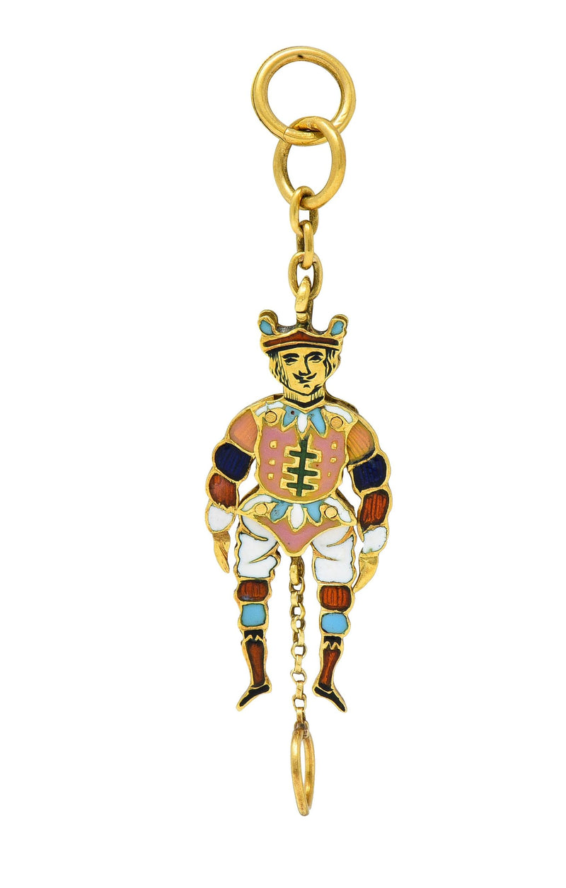 Victorian French Enamel 18 Karat Yellow Gold Jester Articulated Antique Charm
