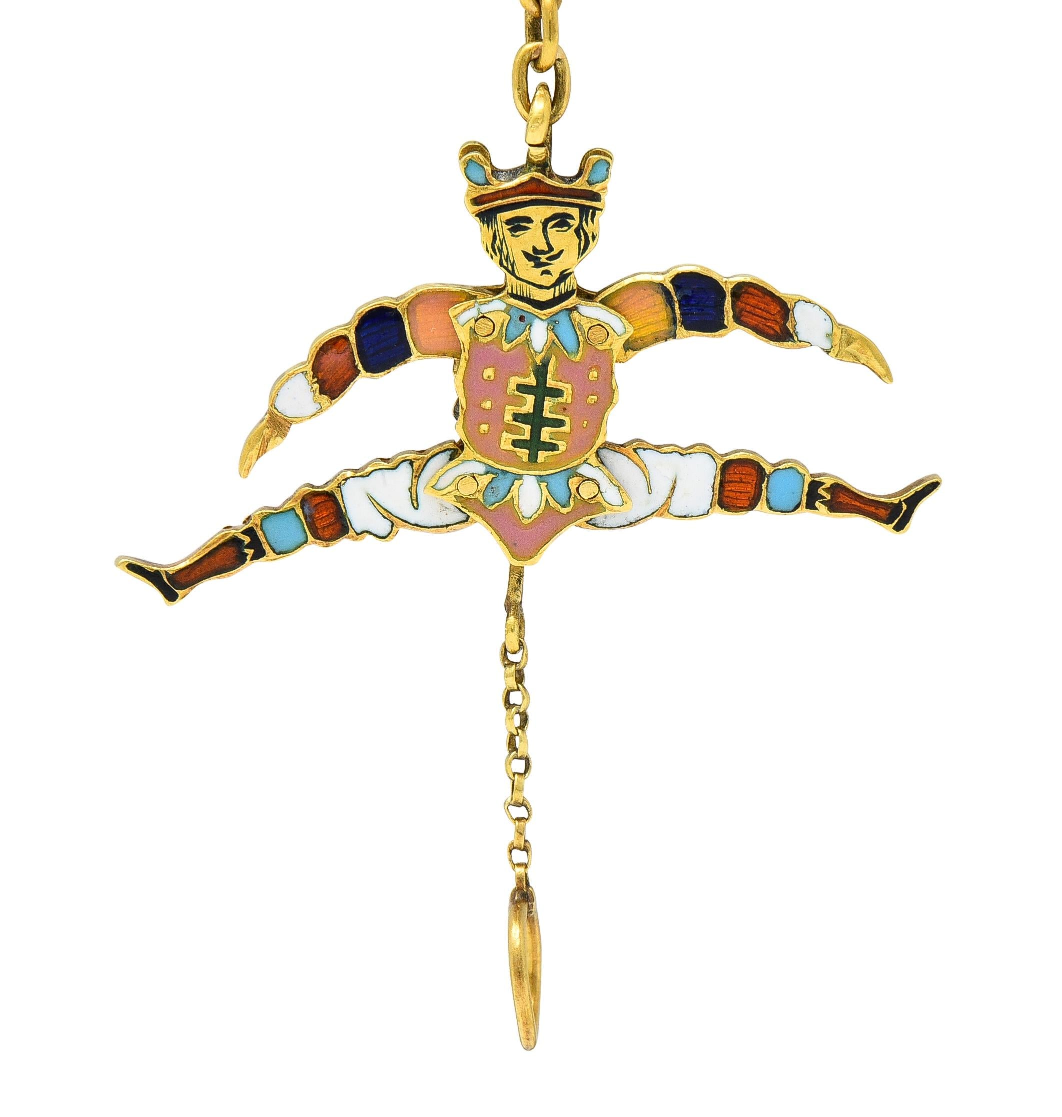 Victorian French Enamel 18 Karat Yellow Gold Jester Articulated Antique Charm