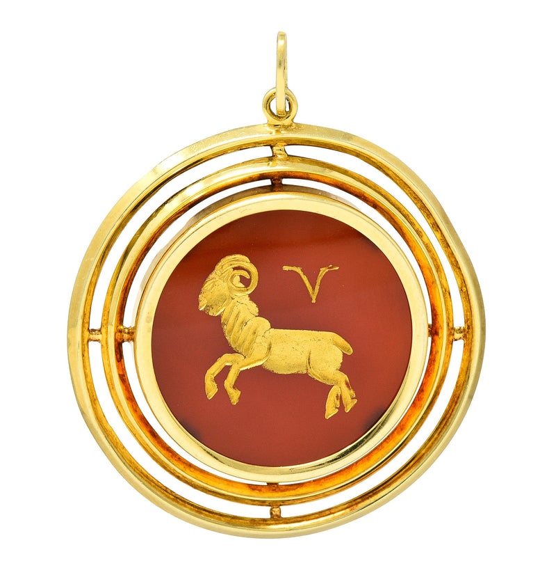 1970's Carnelian 14 Karat Yellow Gold Aries Zodiac Intaglio Vintage Pendant