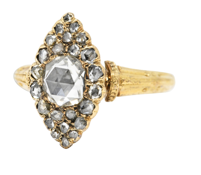 Early Victorian Rose Cut Diamond 18 Karat Yellow Gold Antique Navette Alternative Cluster Ring Wilson's Estate Jewelry