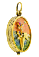 Art Nouveau Ruby Diamond Enamel 14 Karat Gold Antique Portrait Mirror Locket Pendant Wilson's Estate Jewelry