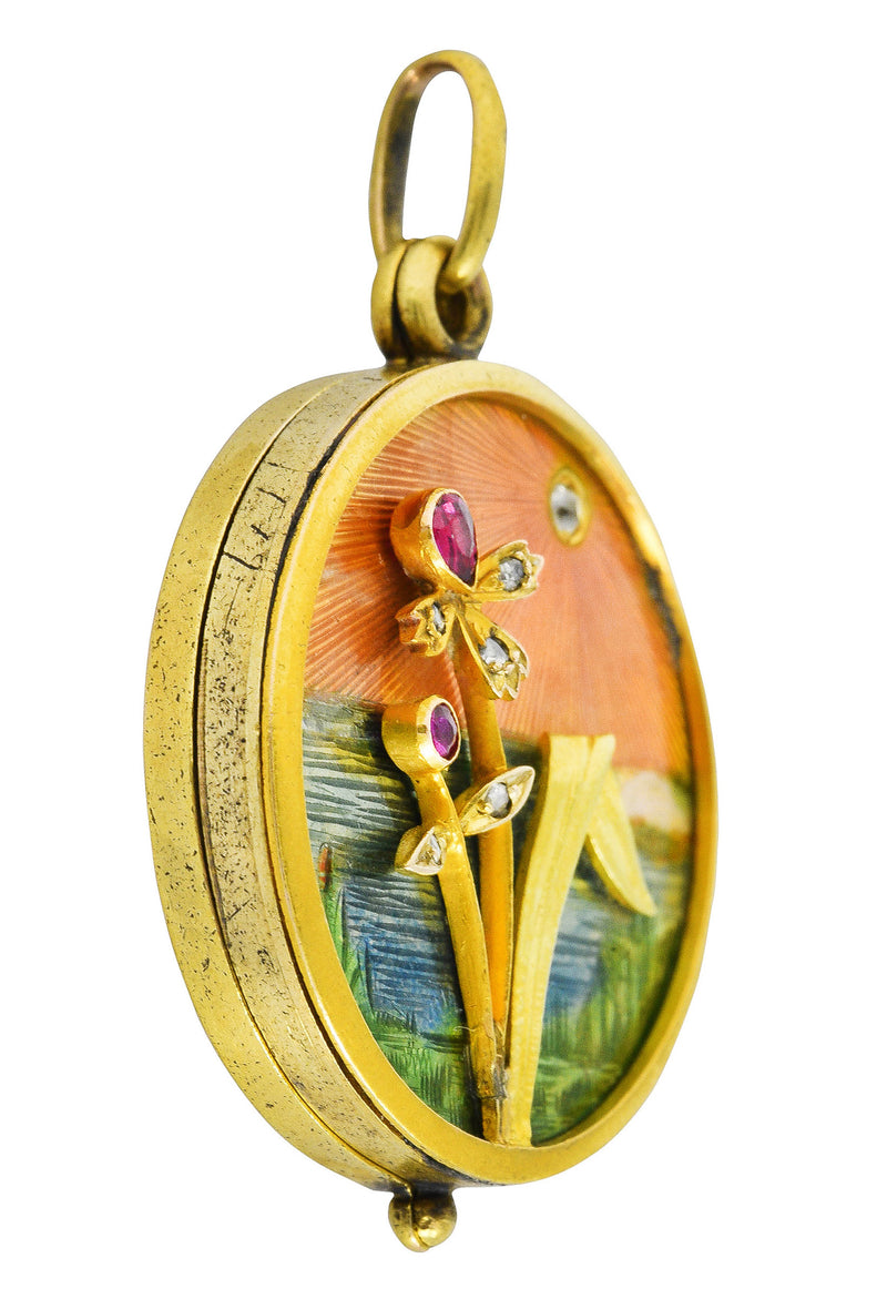 Art Nouveau Ruby Diamond Enamel 14 Karat Gold Antique Portrait Mirror Locket Pendant Wilson's Estate Jewelry