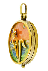Art Nouveau Ruby Diamond Enamel 14 Karat Gold Antique Portrait Mirror Locket Pendant Wilson's Estate Jewelry