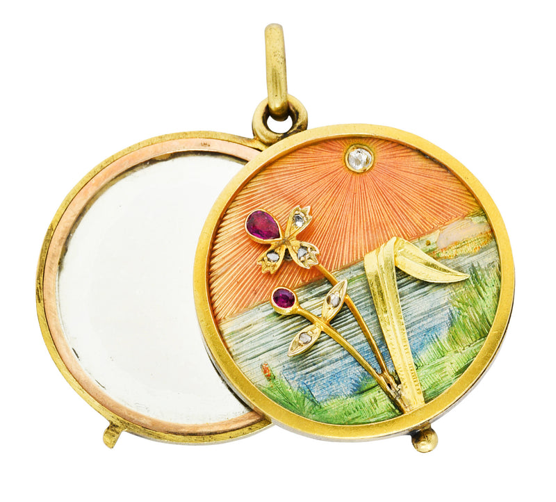 Art Nouveau Ruby Diamond Enamel 14 Karat Gold Antique Portrait Mirror Locket Pendant Wilson's Estate Jewelry
