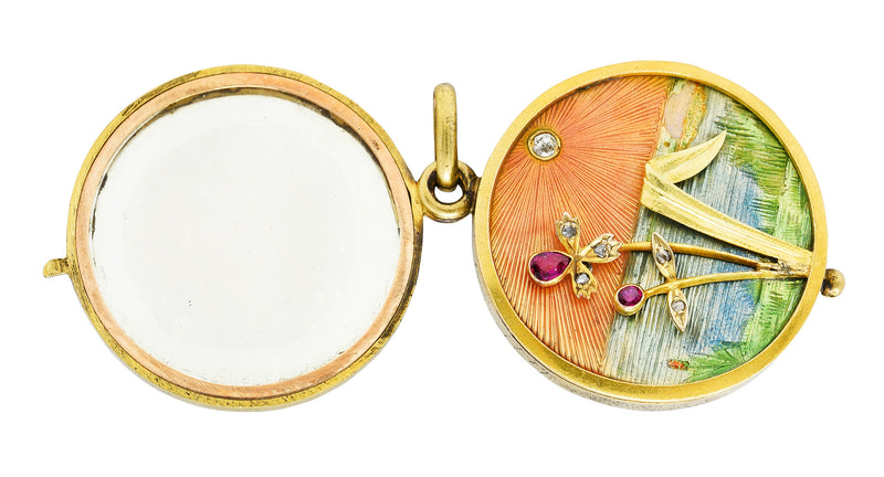 Art Nouveau Ruby Diamond Enamel 14 Karat Gold Antique Portrait Mirror Locket Pendant Wilson's Estate Jewelry