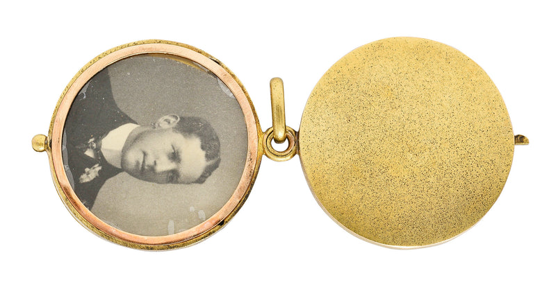 Art Nouveau Ruby Diamond Enamel 14 Karat Gold Antique Portrait Mirror Locket Pendant Wilson's Estate Jewelry