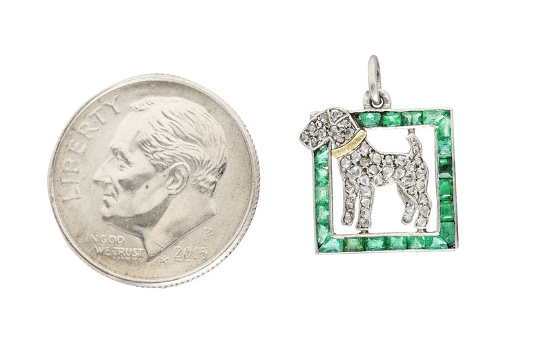 French Art Deco Emerald Diamond Platinum 18 Karat Yellow Gold Dog Charm Wilson's Estate Jewelry