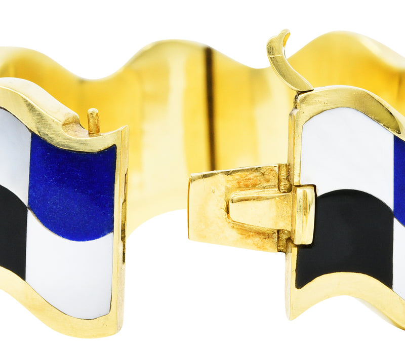 Angela Cummings Tiffany & Co. Inlaid Onyx Lapis Mother-Of-Pearl 18 Karat Gold Wave Bangle Braceletbracelet - Wilson's Estate Jewelry