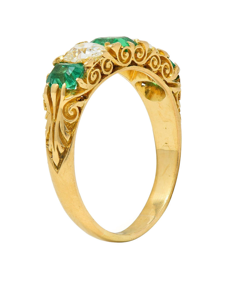 Victorian Emerald Diamond 18 Karat Yellow Gold Antique Five Stone Band Ring