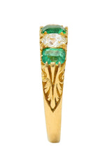 Victorian Emerald Diamond 18 Karat Yellow Gold Antique Five Stone Band Ring