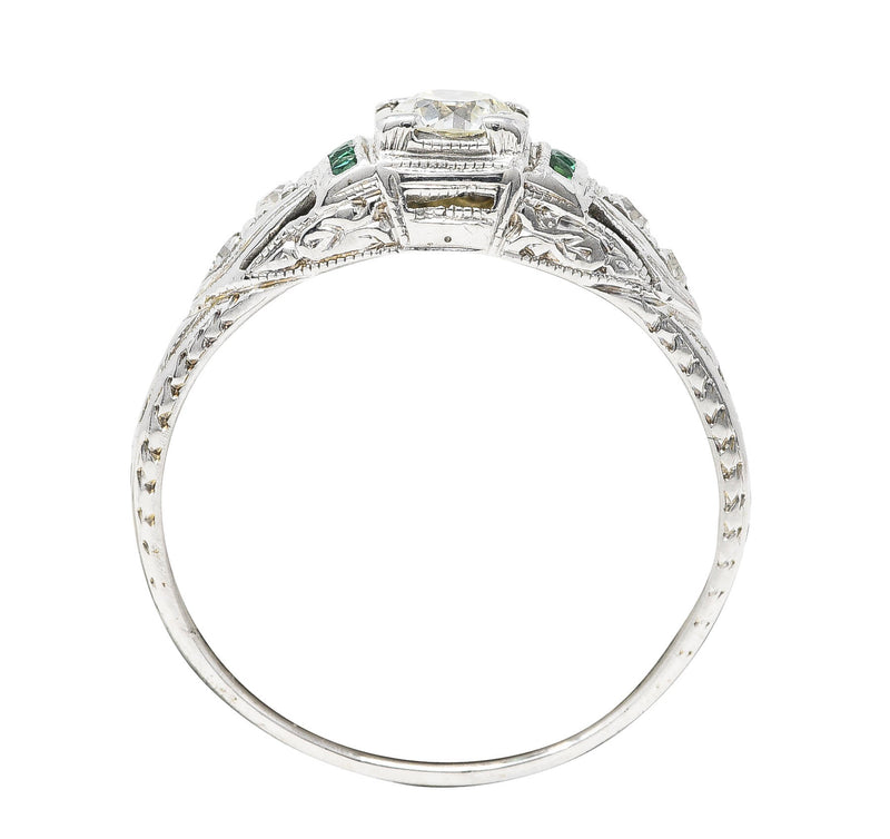 Art Deco Old European Cut Diamond Emerald 18 Karat White Gold Foliate Engagement Ring Wilson's Estate Jewelry