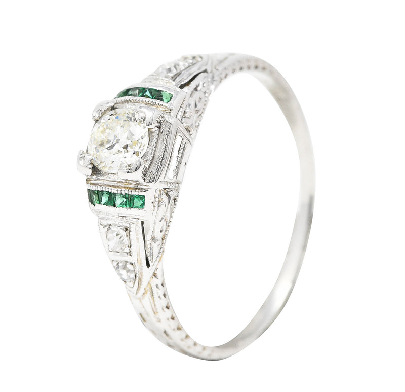 Art Deco Old European Cut Diamond Emerald 18 Karat White Gold Foliate Engagement Ring Wilson's Estate Jewelry