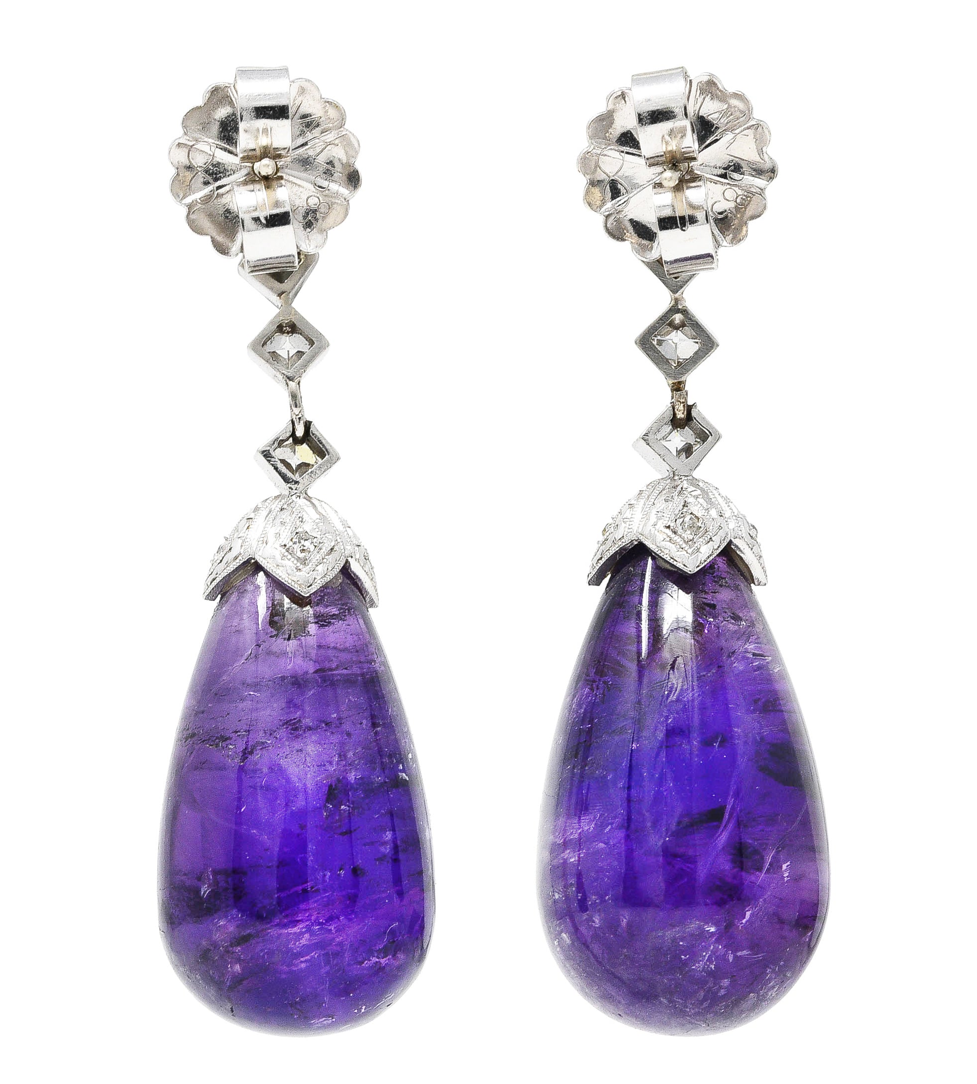 1930's Art Deco Amethyst Diamond Platinum Drop Earrings Wilson's Estate Jewelry