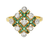 Edwardian 1.59 CTW Diamond Emerald Platinum 18 Karat Gold Checkerboard Ring