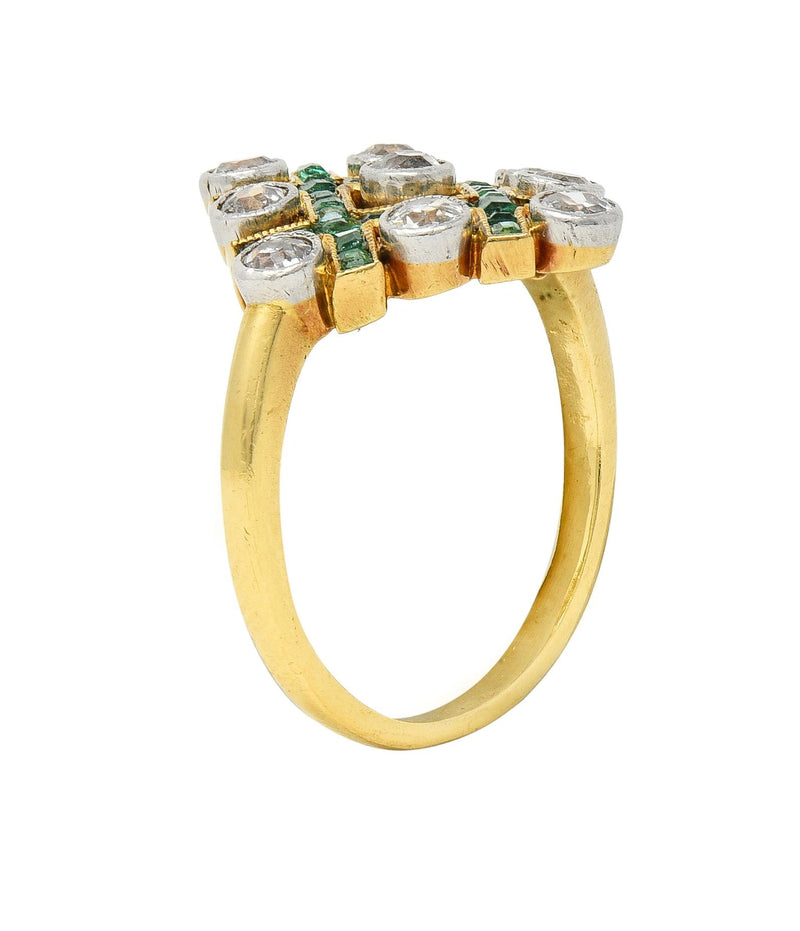 Edwardian 1.59 CTW Diamond Emerald Platinum 18 Karat Gold Checkerboard Ring