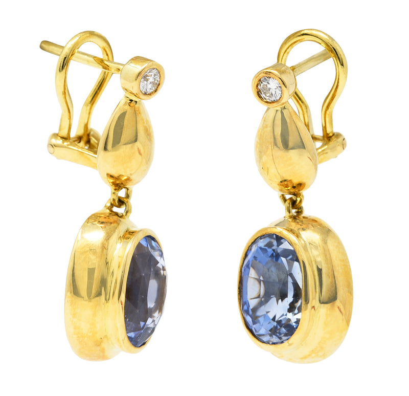 Contemporary 6.86 CTW Blue Sapphire Diamond 18 Karat Yellow Gold Drop Earrings Wilson's Estate Jewelry