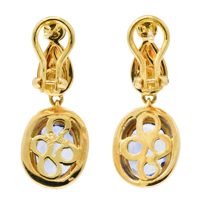 Contemporary 6.86 CTW Blue Sapphire Diamond 18 Karat Yellow Gold Drop Earrings Wilson's Estate Jewelry