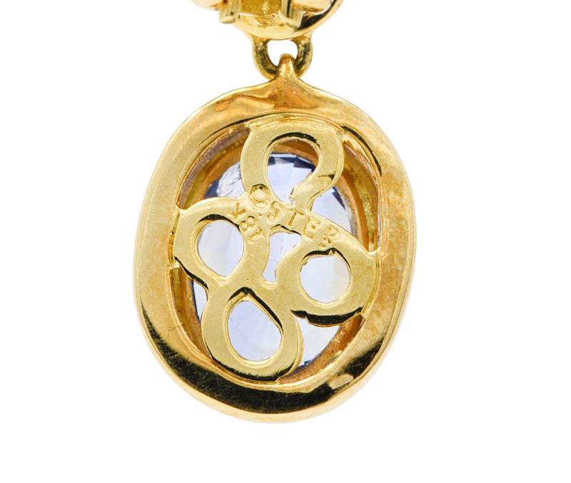 Contemporary 6.86 CTW Blue Sapphire Diamond 18 Karat Yellow Gold Drop Earrings Wilson's Estate Jewelry