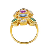Arts & Crafts 3.73 CTW Ruby Emerald Sapphire Diamond 18 Karat Yellow Gold Ring