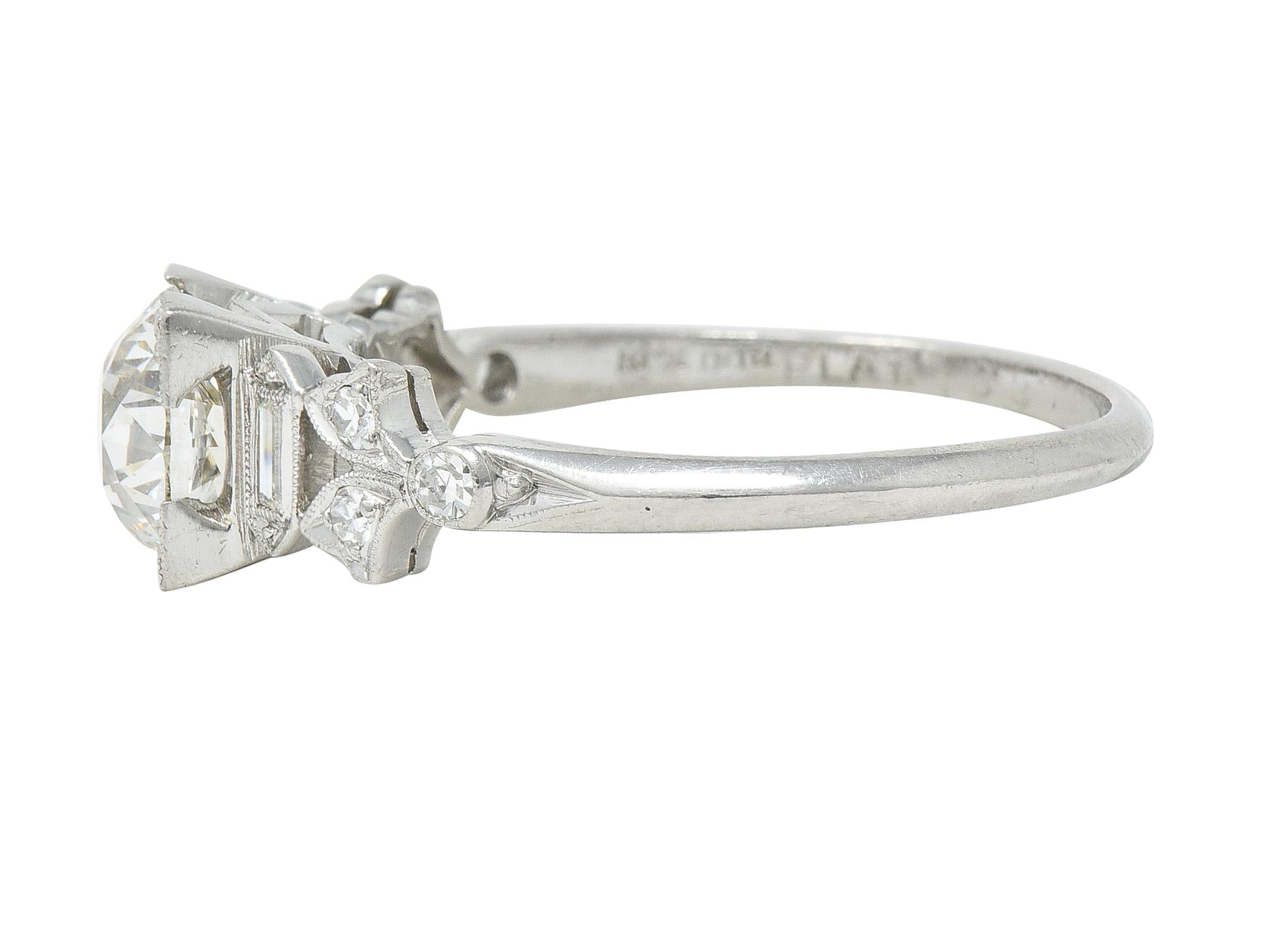 Art Deco 1.69 CTW Old European Diamond Platinum Foliate Vintage Engagement Ring