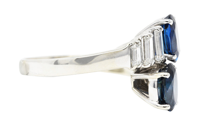 Vintage 3.54 CTW Oval Cut Sapphire Baguette Cut Diamond 18 Karat White Gold Bypass Ring Wilson's Estate Jewelry