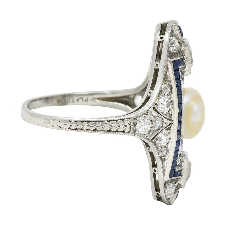 Art Deco 2.48 CTW Natural Pearl Diamond Sapphire Platinum Antique Dinner Ring