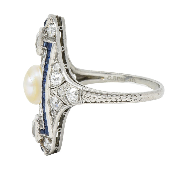 Art Deco 2.48 CTW Natural Pearl Diamond Sapphire Platinum Antique Dinner Ring