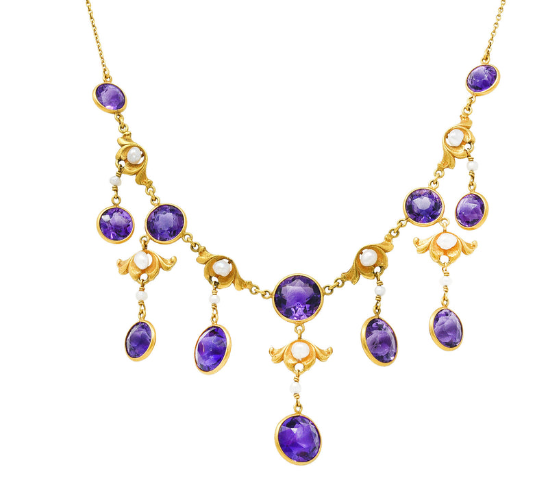 Art Nouveau Amethyst Pearl 14 Karat Gold Station Fringe Drop NecklaceNecklaces - Wilson's Estate Jewelry