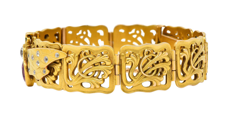 Riker Brothers Art Nouveau Ruby Diamond Demantoid 14 Karat Gold Bee Bracelet