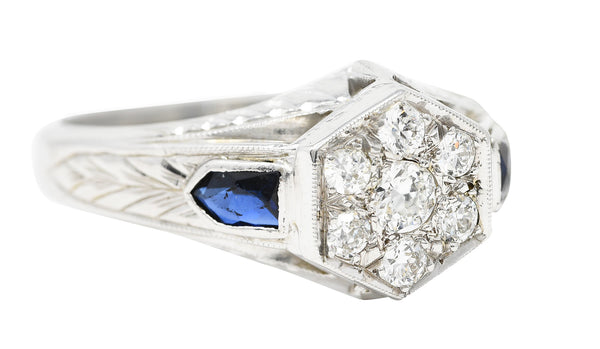 Art Deco 0.45 CTW Old European Sapphire 20 Karat White Gold Foliate Cluster Unisex Signet Ring Wilson's Estate Jewelry