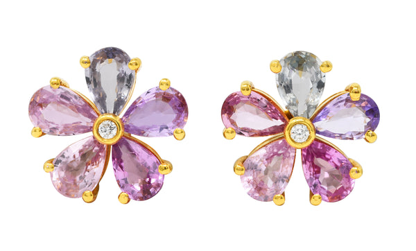 Modern 3.84 CTW Diamond Pear Cut Sapphires 18 Karat Yellow Gold Pastel Flower Cluster Stud Earrings Wilson's Estate Jewelry