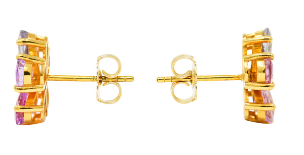 Modern 3.84 CTW Diamond Pear Cut Sapphires 18 Karat Yellow Gold Pastel Flower Cluster Stud Earrings Wilson's Estate Jewelry