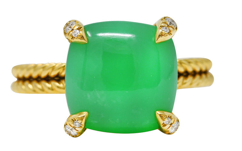 David Yurman Chrysoprase Cabochon Diamond 18 Karat Yellow Gold Chatelaine Gemstone Ring