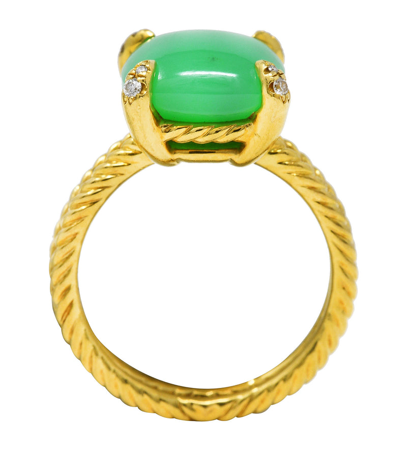 David Yurman Chrysoprase Cabochon Diamond 18 Karat Yellow Gold Chatelaine Gemstone Ring Wilson's Estate Jewelry