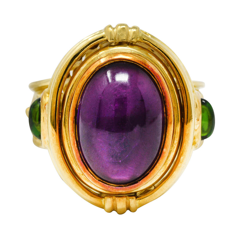 Seidengang Neoclassical Amethyst Green Tourmaline 18 Karat Yellow Gold Classic Apollo Flip Ring Wilson's Estate Jewelry